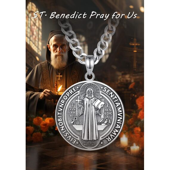 AEONSLOVE Heiliger Benedikt Halskette Silber 925 für Herren Damen Benedikt Kreuz Anhänger Benedikt Medaille Christliche Katholische Schmuck Religious Protector Talisman Kette
