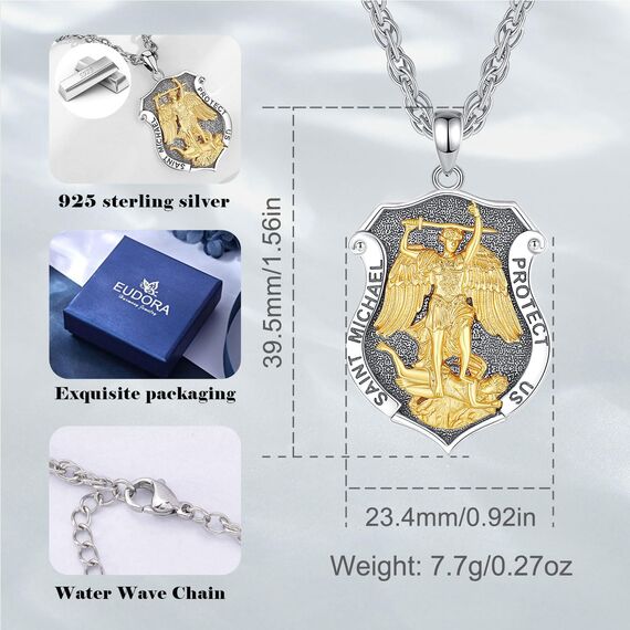EUDORA Harmony Ball Heilige Michael Kette Medaille für Damen Herren Sterling Silber 925, Heilige Erzengel ST Michael Halskette Anhänger Christlicher Katholisch Schmuck Geschenke für Frauen,61CM+ 55CM
