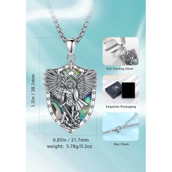 AEONSLOVE Erzengel Michael Anhänger Silber 925 für Damen Herren Heiliger Michael Medaille Kette Saint Michael Archangel Amulett Halskette Abalone-Muschel Katholische Schmuck Religiöse Geschenk