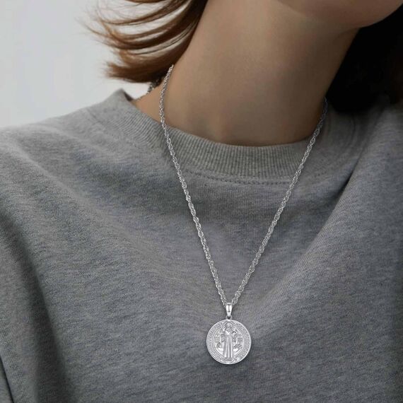 AEONSLOVE Heiliger Benedikt Halskette Silber 925 für Herren Damen Benedikt Kreuz Anhänger Benedikt Medaille Christliche Katholische Schmuck Religious Protector Talisman Kette (Weiße)