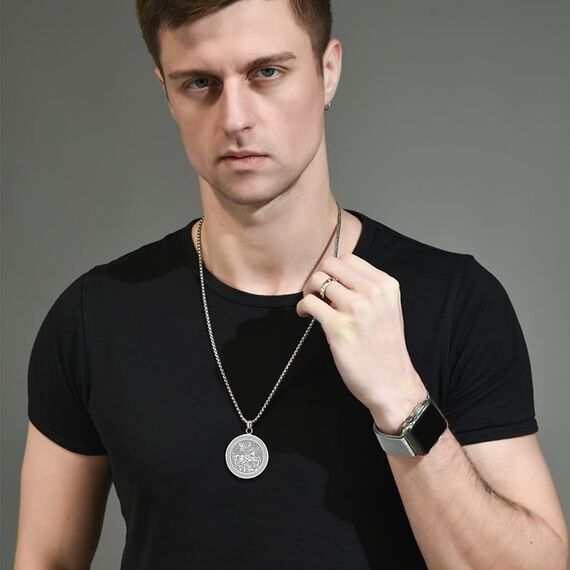 Herren Heiliger St. Georg Anhänger Halskette das Siegel der sieben Erzengel Religiöser Medaillon Modeschmuck für Männer und Frauen Jungen Edelstahl christliches Geschenk