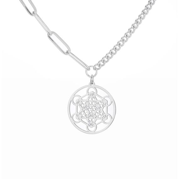 EUEAVAN Metatrons Würfel Halskette Metatron Würfel Heilige Geometrie Anhänger Siegel von Erzengel Engel Metatron Statement Halsketten Spiritueller Schutz Talisman für Frauen (Silber 2)