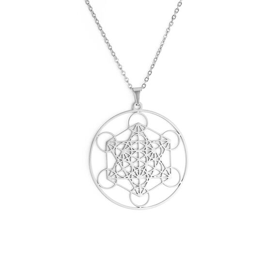 EUEAVAN Metatrons Würfel Halskette Metatron Würfel Heilige Geometrie Anhänger Siegel von Erzengel Engel Metatron Statement Halsketten Spiritueller Schutz Talisman für Frauen (groß Metatron silber)
