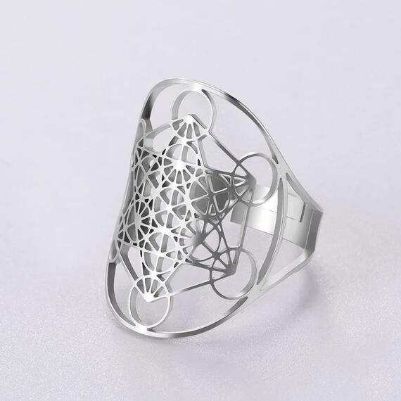 Amaxer Edelstahl Metatrons Cube Ring für Frauen Erzengel Metatron Schutzerklärung Ausgehöhlt Damen Band Ring Schmuck für Dame