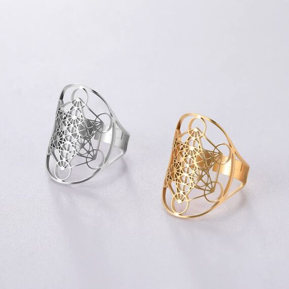 Amaxer Edelstahl Metatrons Cube Ring für Frauen Erzengel Metatron Schutzerklärung Ausgehöhlt Damen Band Ring Schmuck für Dame