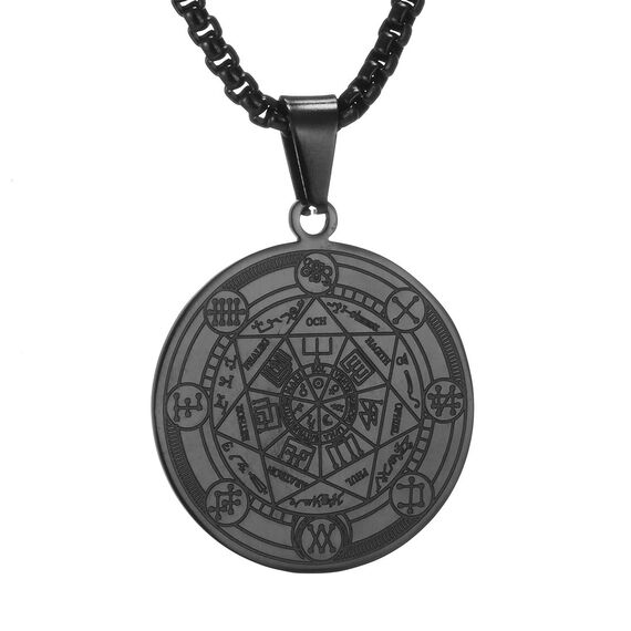 AFSTALR Halskette Herren 7 Erzengel Siegel Medaille Talisman Siegel der Sieben Erzengel Amulett Ketten Anhänger Edelstahl Solomon Schmuck für Herren Männer Noir C