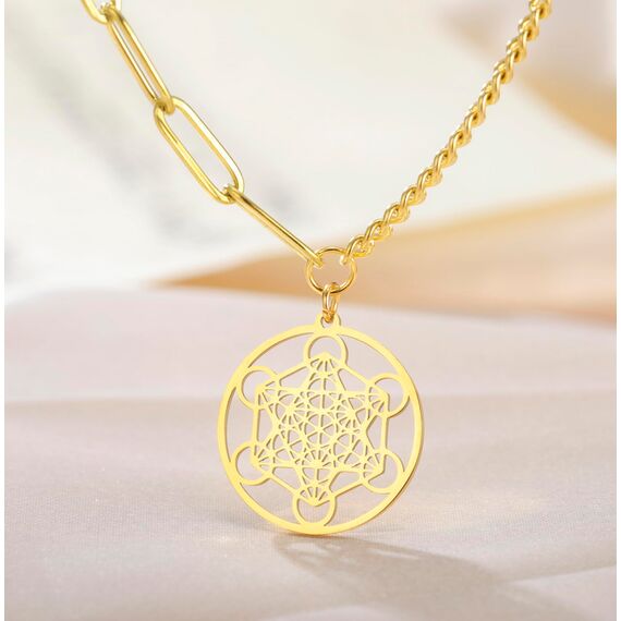 EUEAVAN Metatrons Würfel Halskette Metatron Würfel Heilige Geometrie Anhänger Siegel von Erzengel Engel Metatron Statement Halsketten Spiritueller Schutz Talisman für Frauen (Gold 2)