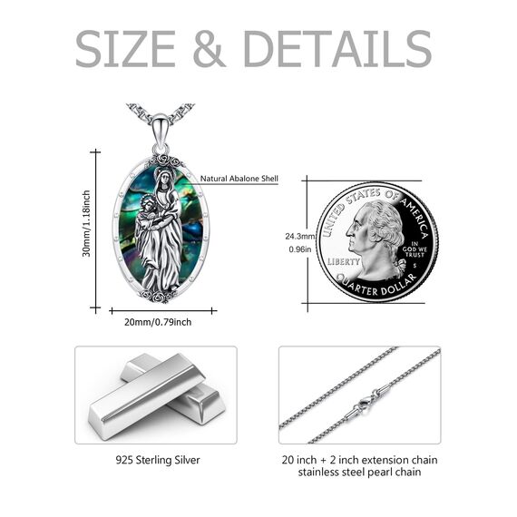 YEESIA Jungfrau Maria-Halskette für Damen, 925er-Sterlingsilber, Maria-Wundermedaille, Halskette mit Anhänger „Unsere Liebe Frau von Guadalupe“, mit Abalone-Muschel, religiöser Schmuck, Geschenk