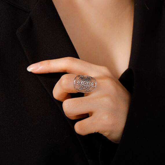 Amaxer Edelstahl Metatrons Cube Ring für Frauen Erzengel Metatron Schutzerklärung Ausgehöhlt Damen Band Ring Schmuck für Dame