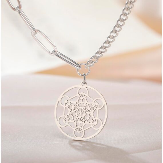 EUEAVAN Metatrons Würfel Halskette Metatron Würfel Heilige Geometrie Anhänger Siegel von Erzengel Engel Metatron Statement Halsketten Spiritueller Schutz Talisman für Frauen (Silber 2)