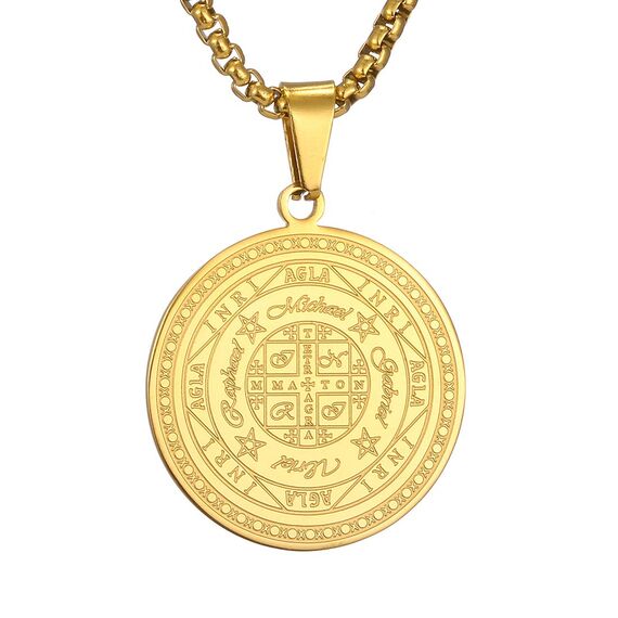 AFSTALR Halskette Herren 7 Erzengel Siegel Medaille Talisman Siegel der Sieben Erzengel Amulett Ketten Anhänger Edelstahl Solomon Schmuck für Herren Männer Or D