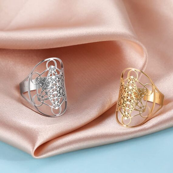 Amaxer Edelstahl Metatrons Cube Ring für Frauen Erzengel Metatron Schutzerklärung Ausgehöhlt Damen Band Ring Schmuck für Dame