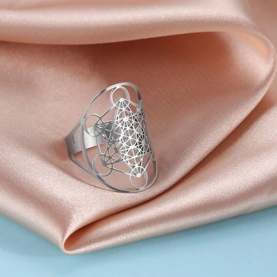 Amaxer Edelstahl Metatrons Cube Ring für Frauen Erzengel Metatron Schutzerklärung Ausgehöhlt Damen Band Ring Schmuck für Dame
