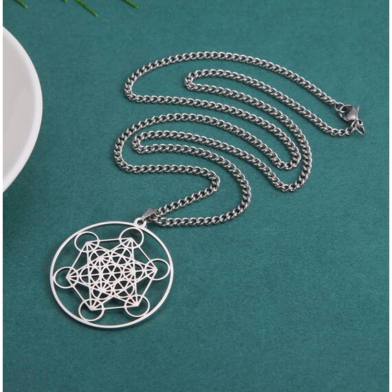 EUEAVAN Metatrons Würfel Halskette Metatron Würfel Heilige Geometrie Anhänger Siegel von Erzengel Engel Metatron Statement Halsketten Spiritueller Schutz Talisman für Frauen (Metatron groß silber2)