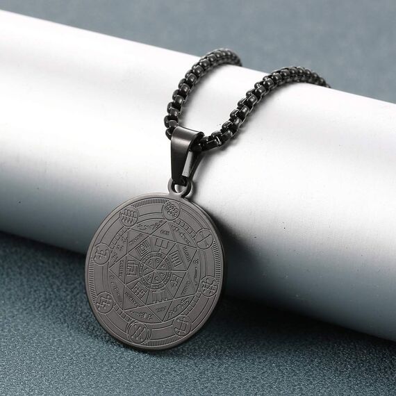 AFSTALR Halskette Herren 7 Erzengel Siegel Medaille Talisman Siegel der Sieben Erzengel Amulett Ketten Anhänger Edelstahl Solomon Schmuck für Herren Männer Noir C