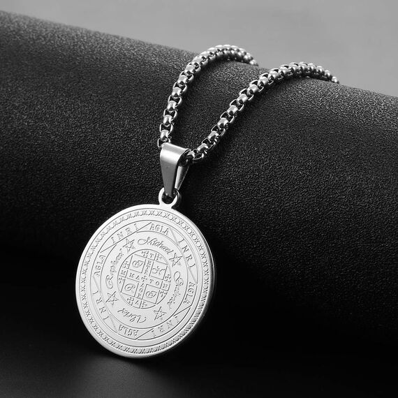 AFSTALR Halskette Herren 7 Erzengel Siegel Medaille Talisman Siegel der Sieben Erzengel Amulett Ketten Anhänger Edelstahl Solomon Schmuck für Herren Männer argent D