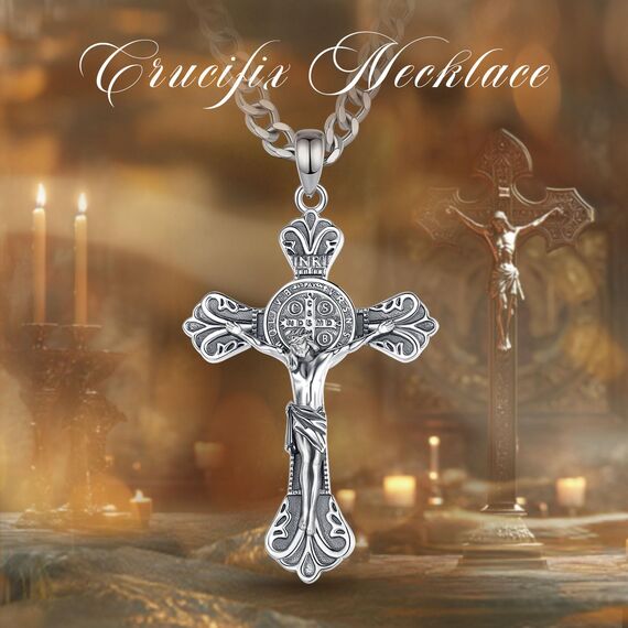 AEONSLOVE Kreuz Halskette Herren Silber 925 Kreuz Kette Damen Jesus Kreuzkette Silber Herren Benedikt Kreuz Anhänger Kruzifix Heilige Benedikt Medaille Christlicher Schmuck Katholischer Geschenke