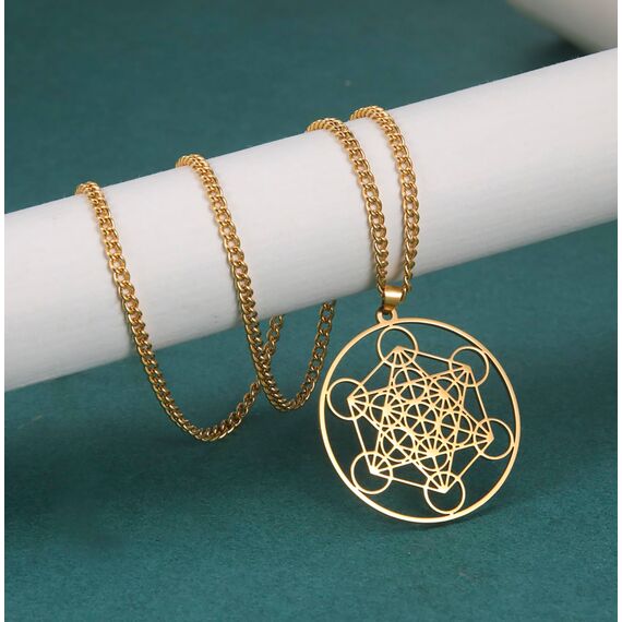 EUEAVAN Metatrons Würfel Halskette Metatron Würfel Heilige Geometrie Anhänger Siegel von Erzengel Engel Metatron Statement Halsketten Spiritueller Schutz Talisman für Frauen (Großer Metatron gold 2)