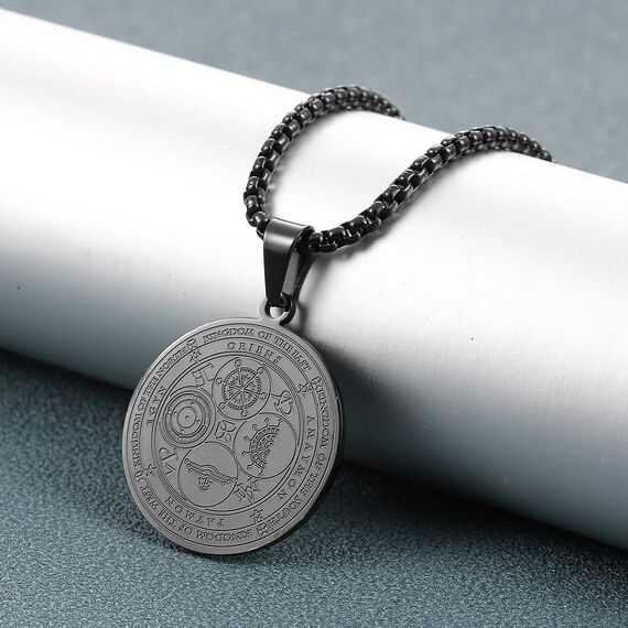AFSTALR Halskette Herren 7 Erzengel Siegel Medaille Talisman Siegel der Sieben Erzengel Amulett Ketten Anhänger Edelstahl Solomon Schmuck für Herren Männer Noir E