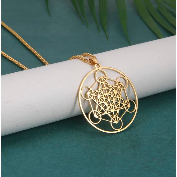 EUEAVAN Metatrons Würfel Halskette Metatron Würfel Heilige Geometrie Anhänger Siegel von Erzengel Engel Metatron Statement Halsketten Spiritueller Schutz Talisman für Frauen (Großer Metatron gold 2)
