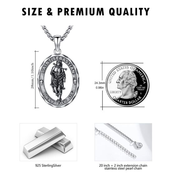 YEESIA Halskette mit dem Heiligen Sebastian, 925er Sterlingsilber, Anhänger mit ovaler Medaille, religiöser Schmuck, Geschenk für Damen und Herren