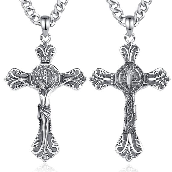 AEONSLOVE Kreuz Halskette Herren Silber 925 Kreuz Kette Damen Jesus Kreuzkette Silber Herren Benedikt Kreuz Anhänger Kruzifix Heilige Benedikt Medaille Christlicher Schmuck Katholischer Geschenke