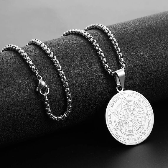 AFSTALR Halskette Herren 7 Erzengel Siegel Medaille Talisman Siegel der Sieben Erzengel Amulett Ketten Anhänger Edelstahl Solomon Schmuck für Herren Männer Männer B