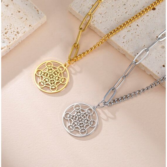 EUEAVAN Metatrons Würfel Halskette Metatron Würfel Heilige Geometrie Anhänger Siegel von Erzengel Engel Metatron Statement Halsketten Spiritueller Schutz Talisman für Frauen (Gold 2)