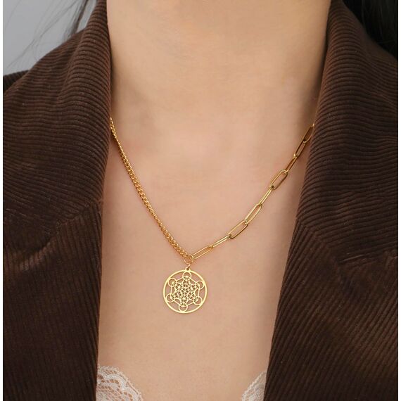 EUEAVAN Metatrons Würfel Halskette Metatron Würfel Heilige Geometrie Anhänger Siegel von Erzengel Engel Metatron Statement Halsketten Spiritueller Schutz Talisman für Frauen (Gold 2)