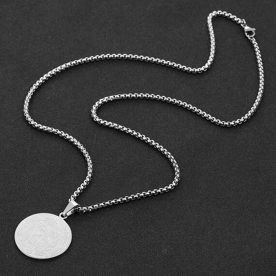 AFSTALR Halskette Herren 7 Erzengel Siegel Medaille Talisman Siegel der Sieben Erzengel Amulett Ketten Anhänger Edelstahl Solomon Schmuck für Herren Männer Argent C