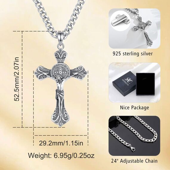 AEONSLOVE Kreuz Halskette Herren Silber 925 Kreuz Kette Damen Jesus Kreuzkette Silber Herren Benedikt Kreuz Anhänger Kruzifix Heilige Benedikt Medaille Christlicher Schmuck Katholischer Geschenke