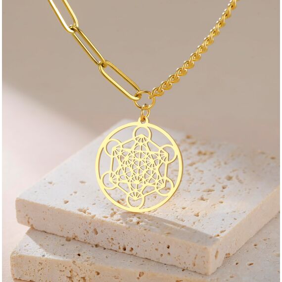 EUEAVAN Metatrons Würfel Halskette Metatron Würfel Heilige Geometrie Anhänger Siegel von Erzengel Engel Metatron Statement Halsketten Spiritueller Schutz Talisman für Frauen (Gold 2)