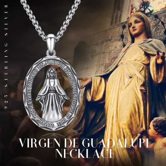 YEESIA Halskette der Jungfrau Maria, 925er-Sterlingsilber, ovale Maria-Wundermedaille, Halskette mit Anhänger „Unsere Liebe Frau von Guadalupe“, religiöser Schmuck, Geschenke für Männer und Frauen
