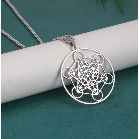 EUEAVAN Metatrons Würfel Halskette Metatron Würfel Heilige Geometrie Anhänger Siegel von Erzengel Engel Metatron Statement Halsketten Spiritueller Schutz Talisman für Frauen (Metatron groß silber2)