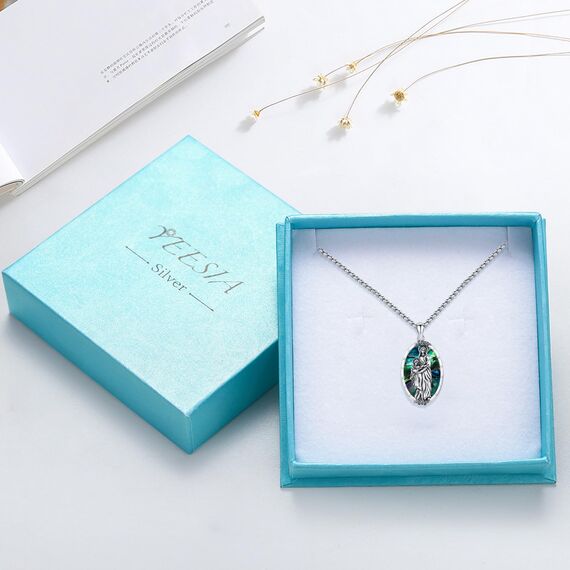 YEESIA Jungfrau Maria-Halskette für Damen, 925er-Sterlingsilber, Maria-Wundermedaille, Halskette mit Anhänger „Unsere Liebe Frau von Guadalupe“, mit Abalone-Muschel, religiöser Schmuck, Geschenk