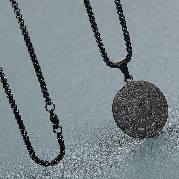 AFSTALR Halskette Herren 7 Erzengel Siegel Medaille Talisman Siegel der Sieben Erzengel Amulett Ketten Anhänger Edelstahl Solomon Schmuck für Herren Männer Noir E