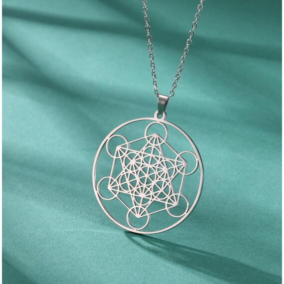EUEAVAN Metatrons Würfel Halskette Metatron Würfel Heilige Geometrie Anhänger Siegel von Erzengel Engel Metatron Statement Halsketten Spiritueller Schutz Talisman für Frauen (groß Metatron silber)