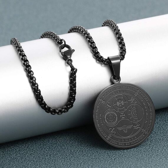 AFSTALR Halskette Herren 7 Erzengel Siegel Medaille Talisman Siegel der Sieben Erzengel Amulett Ketten Anhänger Edelstahl Solomon Schmuck für Herren Männer Noir E