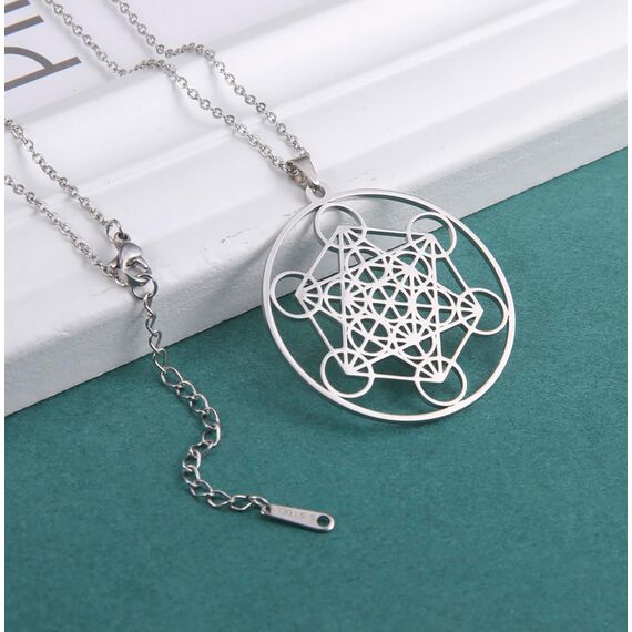 EUEAVAN Metatrons Würfel Halskette Metatron Würfel Heilige Geometrie Anhänger Siegel von Erzengel Engel Metatron Statement Halsketten Spiritueller Schutz Talisman für Frauen (groß Metatron silber)