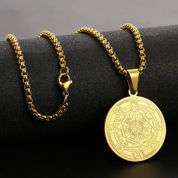 AFSTALR Halskette Herren 7 Erzengel Siegel Medaille Talisman Siegel der Sieben Erzengel Amulett Ketten Anhänger Edelstahl Solomon Schmuck für Herren Männer OR C