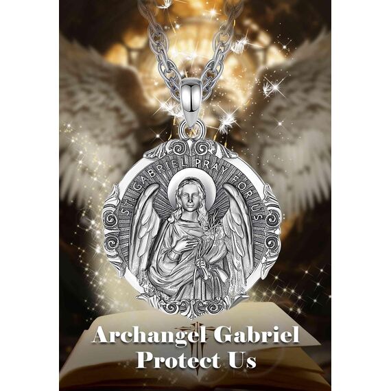AEONSLOVE Heiliger Gabriel Kette Silber 925 für Herren Damen Erzengel Gabriel Medaille Saint Gabriel Halskette Christliche Katholische Schutz Talisman Religiöse Schmuck