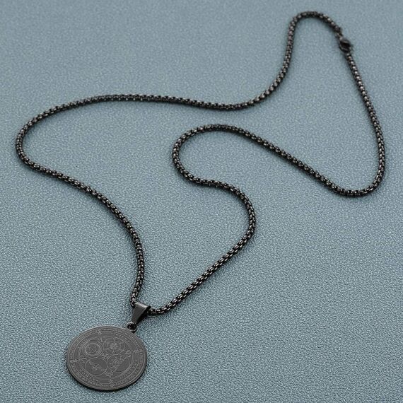 AFSTALR Halskette Herren 7 Erzengel Siegel Medaille Talisman Siegel der Sieben Erzengel Amulett Ketten Anhänger Edelstahl Solomon Schmuck für Herren Männer Noir E