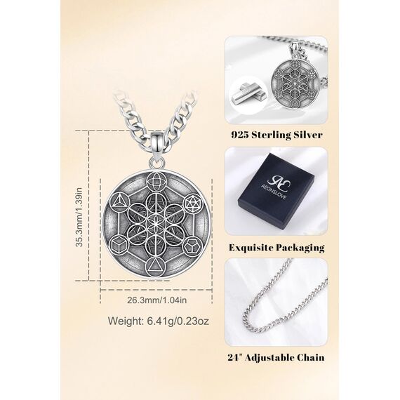 AEONSLOVE Metatrons Würfel Halskette Silber 925 Heilige Geometrie Anhänger Herren Damen Erzengel Metatron Medaille Metatrons Würfel Schmuck