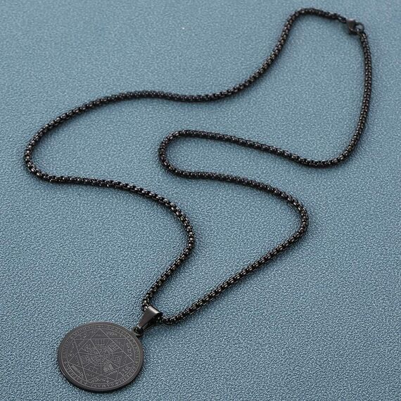 AFSTALR Halskette Herren 7 Erzengel Siegel Medaille Talisman Siegel der Sieben Erzengel Amulett Ketten Anhänger Edelstahl Solomon Schmuck für Herren MännerNoir