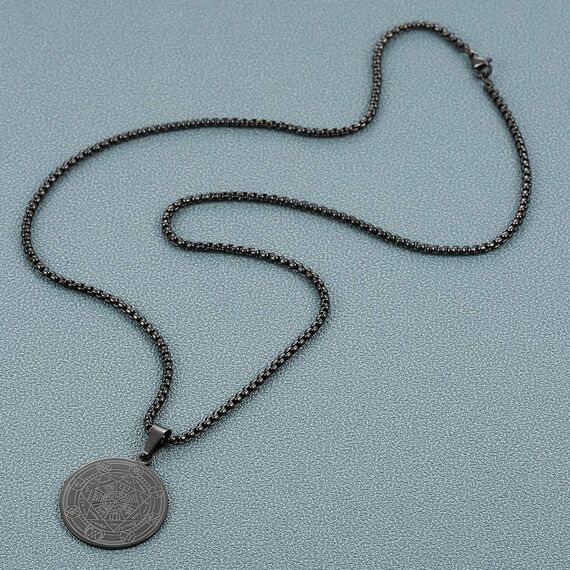 AFSTALR Halskette Herren 7 Erzengel Siegel Medaille Talisman Siegel der Sieben Erzengel Amulett Ketten Anhänger Edelstahl Solomon Schmuck für Herren Männer Noir C