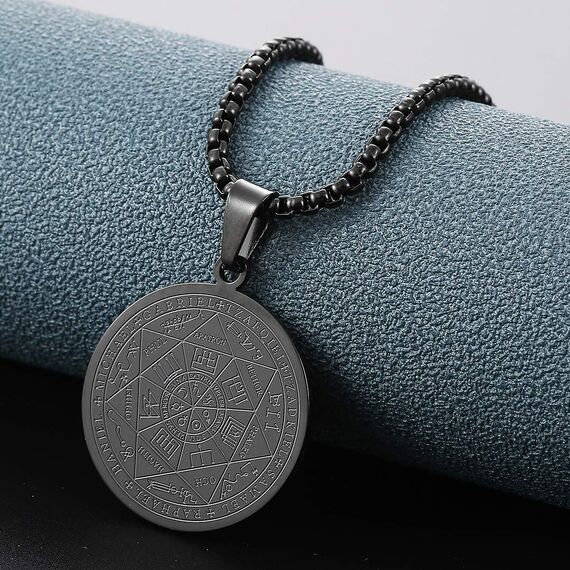AFSTALR Halskette Herren 7 Erzengel Siegel Medaille Talisman Siegel der Sieben Erzengel Amulett Ketten Anhänger Edelstahl Solomon Schmuck für Herren MännerNoir