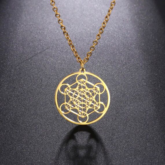 EUEAVAN Metatrons Würfel Halskette Metatron Würfel Heilige Geometrie Anhänger Siegel von Erzengel Engel Metatron Statement Halsketten Spiritueller Schutz Talisman für Frauen (Gold)
