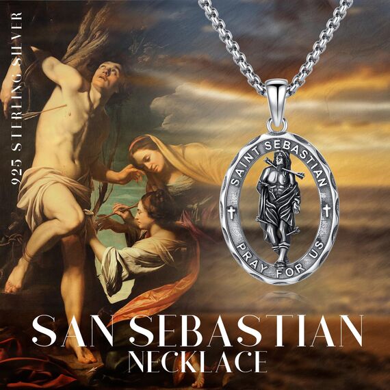 YEESIA Halskette mit dem Heiligen Sebastian, 925er Sterlingsilber, Anhänger mit ovaler Medaille, religiöser Schmuck, Geschenk für Damen und Herren