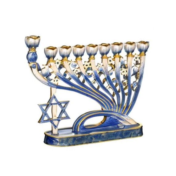 Matashi Menorah-Kandelaber, handbemalt, Emaille, verziert mit goldenen Akzenten und Kristallen, modernes Design