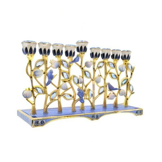 The Dreidel Company Chanukkah-Menorah, Emaille, Granatapfel und Blauer Vogel, handbemalt, emailliertes Metall Menora